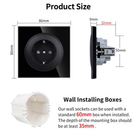 JIMEIDA Socket Glass Black with Hook 16 Amp Schuko Socket Tempered Glass Panel Protective Contact Wall Socket 86 mm 250 V