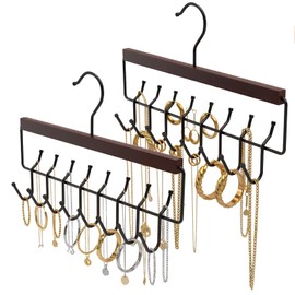 Wooden Jewelry Hanger 2-Pack, Hanging Jewelry Organizer with 16 Hooks, Tangle-Free Display for Necklace, Bracelet, Ring, Bangles, Perfect for Bathroom, Closet Door