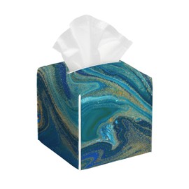 POIUBLE Leather Tissue Box Holder Blue and Gold Liquid Marble Tissue Box Cover Square Waterproof Tissue Holder Organizer Modern Napkin Holder for Bedroom Dresser Night Stand Office Desk
