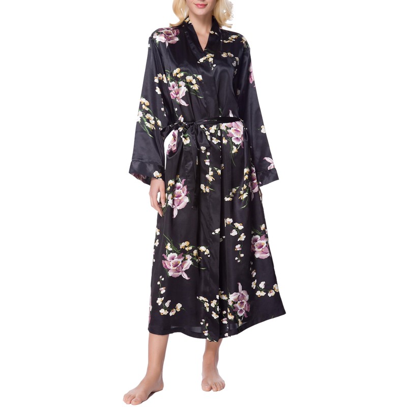 Lavenderi Women's Long Classic Satin Kimono Lounge Bathrobe Robe(XL,Black AOP)