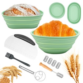 Sourdough Bread Baking Supplies, Silicone Banneton Bread Proofing Basket Set of 2, 9 Inch Round & 10 Inch Oval Foldable Sourdough Proofing Basket, Sourdough Starter Kit, Bread Making Tools (Green)