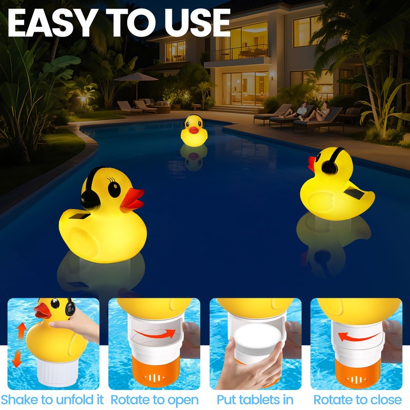 KingSom 2025 Upgraded Pool Chlorine Floater,Duck Chlorine Floaters with Light,Solar