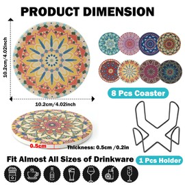 Ceramic Coasters Set of 8, Mandala Coasters for Drinks, Absorbent Drink Coaster Set with Non-slip Cork Base & Holder for Coffee Table Kitchen Dining Room Decoration, Round, 4 Inch