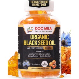 Doc Mila Organic Black Seed Oil Gummies 1500mg - Black Seed Oil Softgels Capsules with Honey, Pineapple Flavor - Gluten Free, Soy Free & Non-GMO