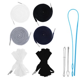 BOHUIZ 6 Pcs Flat and Round Drawstring Cords, 54" Hoodie String Replacement with Easy Drawstring Threader Tool, Draw String for Shorts Pants Sweatpants Jackets Coats Hoodies (Black/White/Navy/Grey)