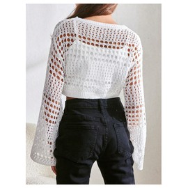 RoseSeek Girl's Hollow Out Knitted Crop Sweater Long Sleeve Crew Neck Drop Shoulder Sheer Pullovers Knitwear White 11Y