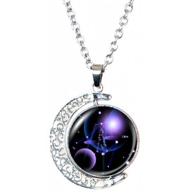 DEQIYIJI Zodiac Necklace Jewelry Birthday Gifts Astrology 12 Constellation Horoscope Sign Galaxy Crescent Half Moon Pendant Necklace Libra