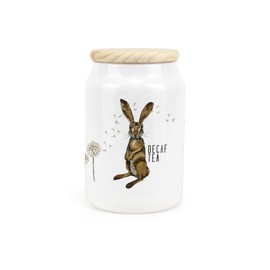 Purely Home Hares & Dandelions Ceramic Decaf Tea Storage Canister - Rhiannon Chauncey Floral Hares Artwork Kitchen Food Storage Container & Wooden Lid 600ml (14.5cm x 9.5cm)