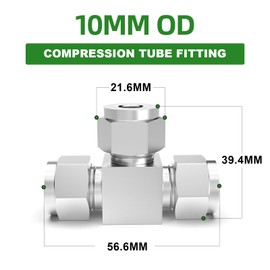 TAISHER 2 PCS 304 Stainless Steel Compression Tube Pipe Fitting Connector, 10mm Tube OD Tee Adapter