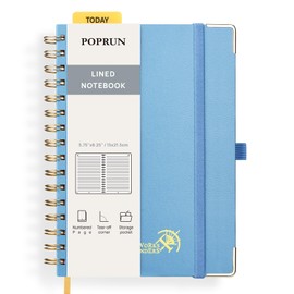 POPRUN Spiral Bullet Lined Journal Notebook, [A5 Size] - 120 Gsm Thick Paper, 141 Numbered Pages, Wirebound Notepad for Men & Women with Pocket, Index Tabs, 8 Perforated Sheets, Haze Blue