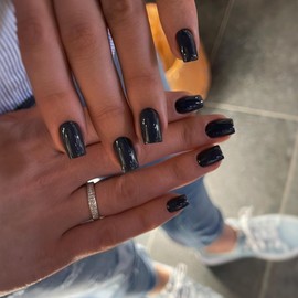 Black Press on Nails Medium Square, KXAMELIE Natural Acrylic Glue on Nails Medium Length Coffin Nails Press ons Medium Short Gel Nails, Reusable Fake Nails 2024 Trendy Solid Color False Nails 24Pcs