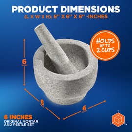 6'' Original Mortar and Pestle Set - Heavy Duty Unpolished and Natural Granite, 2 Cups Capacity, Sturdy and Steady Without Sliding, Perfect for Wet Or Dry Ingredients - NutriChef NCPSTL1