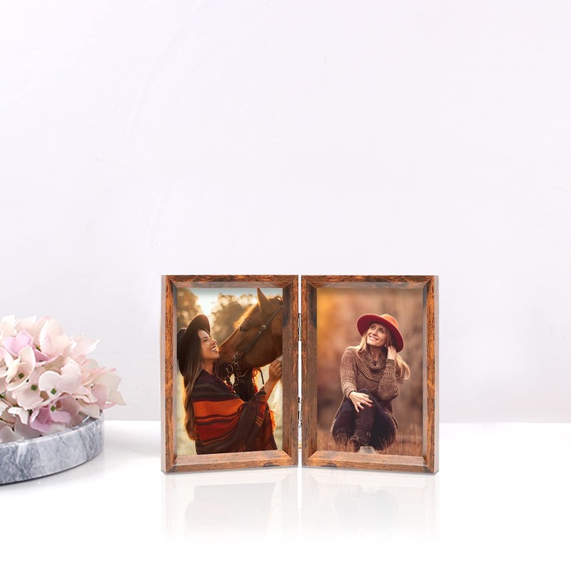 TOFOREVO 4x6 Double Picture Frame Rustic Brown Wooden Hinged Beveled
