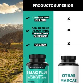 T-MAG L-Treonato Magnesio PLUS | Treonato, Melena de León | Alta absorción con Piperina al 95% | Magnesium Threonate | Pimienta negraSuplemento Alimenticio Vegano - (60 Cápsulas)