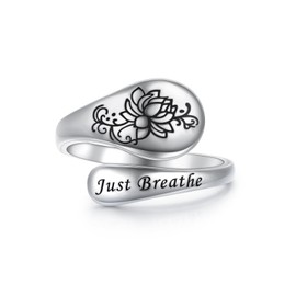 Yearace Just Breathe Lotus Ring for Women 925 Sterling Silver Adjustable Lotus Flower Open Ring Inspirational Yoga Jewelry Gift for Women Men, 7, Sterling Silver, No Gemstone
