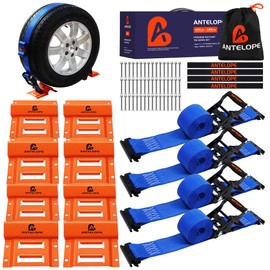 A ANTELOP 2" x 10FT Heavy Duty Wheel Chock Tie Down Kit, 4400lbs Break Strength Trailer Tire Straps System, ETrack Trailer Tire Straps for ATV, UTV, Mower (4 Pack)