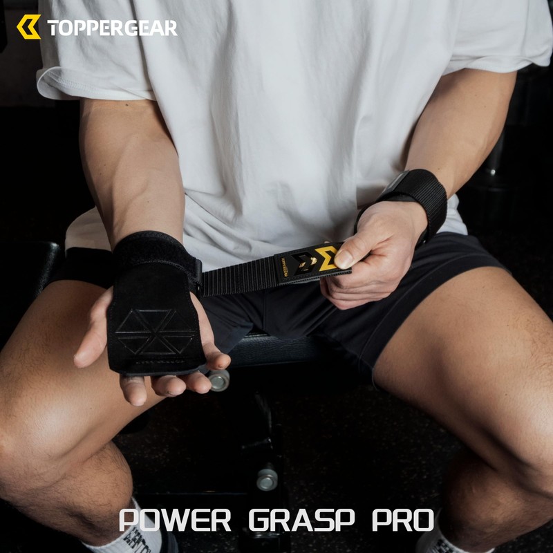 TOPPERGEAR Power Grip Genuine Leather Weightlifting Grips (Black, Medium)