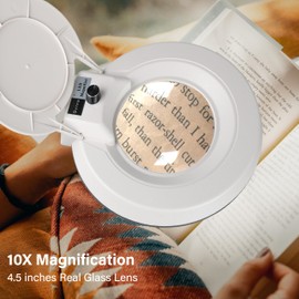 Magnifying Glass with Light and Clamp,10X Lighted Magnifying Glass Lamp LED Dimmable,5 Inches Lens with Stainless Steel Arm for Reading,Craft,Painting and Close Work(White Cover)