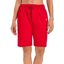 LUCKYCATCUS - Bermudas para mujer, pantalones cortos de jersey con bolsillos, pantalones cortos largos para yoga, caminar, atletismo, para mujer, hasta la rodilla, Rojo -, L