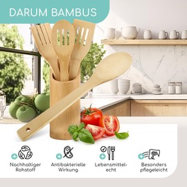smartday Wooden Cooking Cutlery Set 5 Pieces I Kitchen Utensil Including Holder Made of 100% Bamboo I Wooden Cooking Utensils, Wooden Spoon, Wooden Cooking Spoon, Spatula
