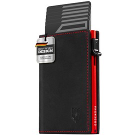 DODENSHA MagSnap Men's Wallet I Slim Wallet with Coin Compartment I Wallets for Men for 10+ Cards I Magnetic Closure Wallet Men's Slim I RFID Protection, Black-red, Modern