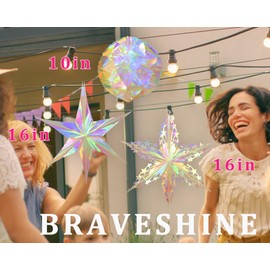 BRAVESHINE 3PCS Iridescent Hanging Ornaments Novelty Decorations - Iridescent Honeycomb Ball Iridescent Foil Star Rainbow Decorative Snowflake for Festival Holiday Birthday Christmas New Years Party