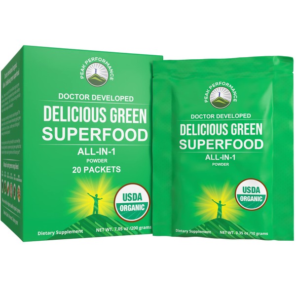 Peak Performance Organic Greens Superfood Powder Single Serve Travel Packets. Best Tasting Organic Green Juice Super Food with 25+ All Natural Ingredients for Max Energy and Detox. (20 Pack)