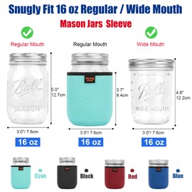 Desing Wish 16 oz Regular/Wide Mouth Mason Jar Neoprene Sleeve, 16oz Non-slip Cozy Insulated Glass Jars Protector Holder Sleeves 3.0 x 3.7 Inches - 4 Pack (Black/Red/Blue/Cyan)