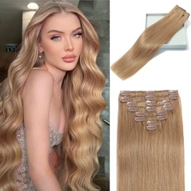 LORIEN Clip in Hair Extensions Real Human Hair, 14 Inch 80g, 27 Honey Blonde, Clip in 100% Brazilian Remy Human Hair Extensions 8pcs Per Set with 18 Clips Double Weft