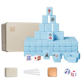 VPH Mini Chinese Mahjong 144 Pieces Aqua Blue Iron Box All Hand Painted
