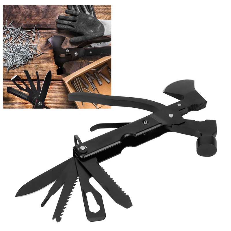 15In1 Axe Hammer MultiFunctional Camping Survival Screwdrivers Pliers Bottle Opener(Black