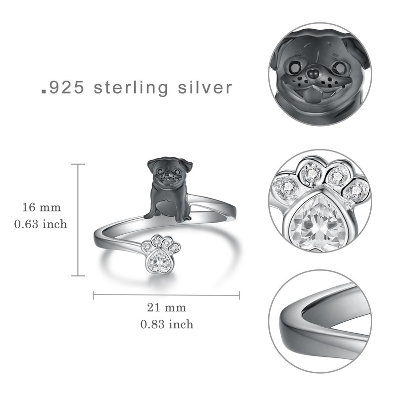 Black Pug Ring 925 Sterling Silver Pug Adjustable Ring Dog