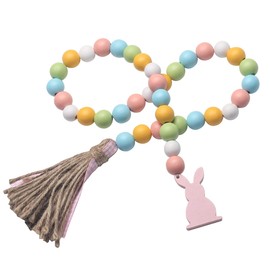 Easter Spring Wood Beaded Garland with Tassels and Bunny Tag Farmhouse Wooden Beads for Tiered Tray Decorations Holiday Country Rustic Prayer Boho Beads Rae Dunn Shelf Décor (Easter Bunny Pink)