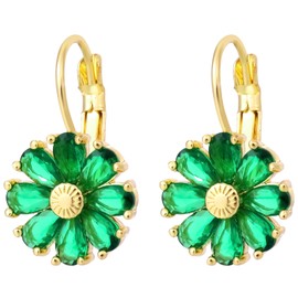 Flower Leverback Earrings, Vintage Gold Floral Stone Statement Birthstone Leverback Earrings Trendy Jewelry Gift Flower Gemstone Studs for Women Party Summer Beach Vacation (Green)