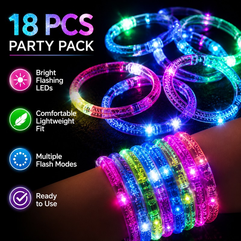 18-Pack LED Light Up Bracelets for Party Favors – Flashing