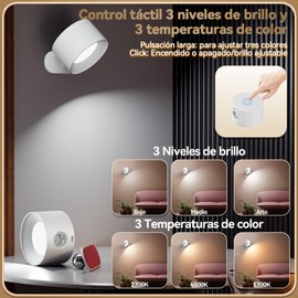Sunsign LED Aplique de Pared, Lámparas de Pared Magnético USB Recargable, 2200mAh, 3 Temperaturas de Color y 3 Niveles de Brillo, Bola Magnética de Rotación de 360°para Lámpara de Lectura, Dormitorio