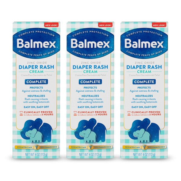 Balmex Complete Protection Baby Diaper Rash Cream with Zinc Oxide + Soothing Botanicals, 4 Oz, Pack of 3