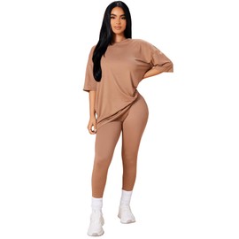 Charyeah 2 Piece Leggings Sets For Women Summer Casual Jogger Workout Outfits Oversized Short Tops Long Pant Sweatsuit (Khaki, M)