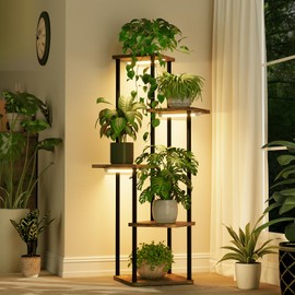 Bamworld Tall Plant Stand with Grow Light Corner Plant Stand for Indoor Plants 5 Tier Metal Wood Corner Shelf with Lights for Living Room Bedroom Patio Garden Balcony Decor