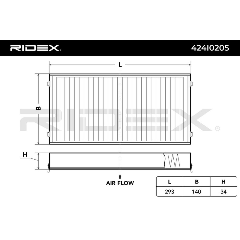 RIDEX Cabin Air Filter 424I0205 293 mm 140 mm 34