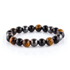 Triple Protection Bracelet - For Protection - Bring Luck And Prosperity, Unisex Stretchable Elastic Bracelet - Natural Gemstone Men-Women, Healing, Chakra, Yoga Balancing, Reiki (Hematite+Obsidian+Tiger Eye)