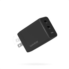 iHome 45W GaN Universal Charger, Dual USB-C Ports, Power Delivery, Fast Charge, Folding Prongs, Travel Friendly, Safe Charge, Charges 2 Devices Simultaneously