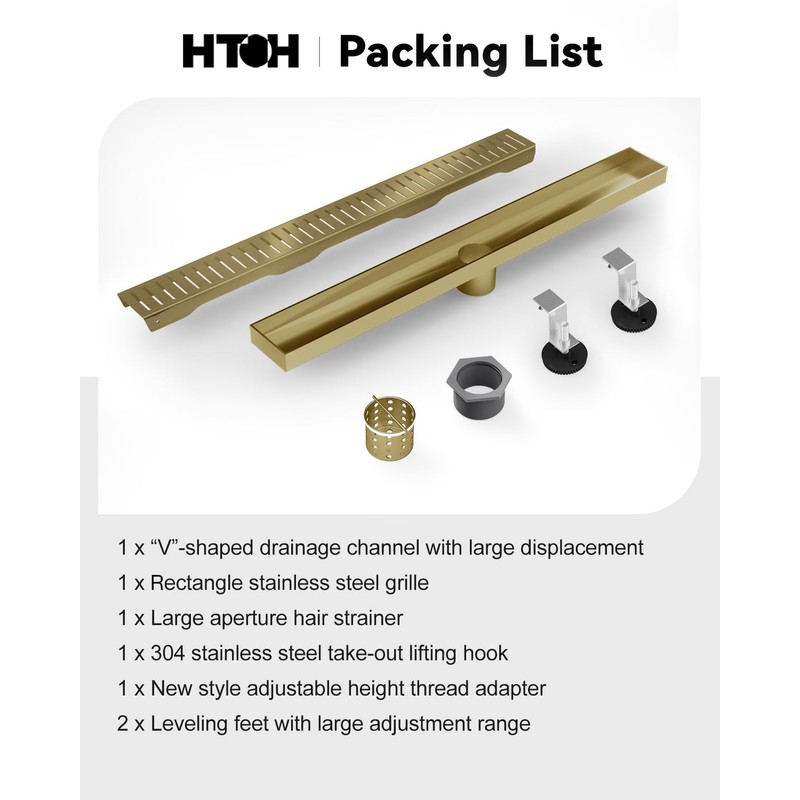 HTOH Gold Shower Drain, 304 Stainless Steel Linear Shower Drain