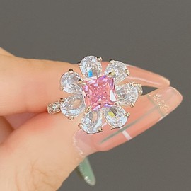 hsiyyecg Fashion Women's Elegant Flower Ring,Square Pink and Pear-Shaped White CZ Simulates Diamonds Unique Floral Jewelry Ring Gift(10)