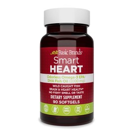 Basic Brands Aceite de pescado Omega-3 sin olor Smart Heart, sin eructos ni olor a pescado, 1000 mg, 90 unidades                                      