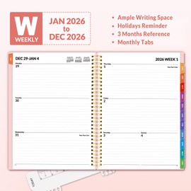 SUNEE 2026 Weekly and Monthly Planner - from January 2026 - December 2026, Daily Agenda Planner with Monthly Tab, Flexible Cover, Note Pages, Pockets, Bookmark, Spiral Binding, Pink, 8.5"x11"