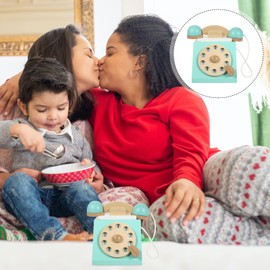 TOYANDONA Wooden Landline Telephone Toy Children Play House Antique Dial Telephone Toy for Toddlers Pretend Phones, Blue, Medium