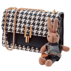 Alijulice Houndstooth Faux Leather Crossbody Bags, Womens Metal Chain Strap Vegan Shoulder Clutch Purse with Rabbit Key Ring, Black Gold