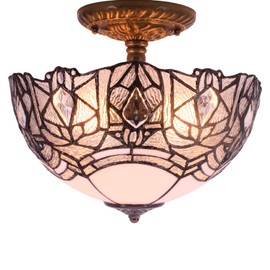 WERFACTORY Tiffany Ceiling Light Fixture Crystal Bead White Stained Glass Semi Flush Mount Lamp Wide 12 Inch, Height 11 Inch S508W Series