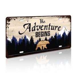 Retro Vintage License Plate Wall Decor, The Adventure Begins Metal Sign, Woodland Nursery Decor, Bear Mountain Inspirational Quotes Signs for Home Cabin Decor, Forest Camping Sign 12x6 Inch